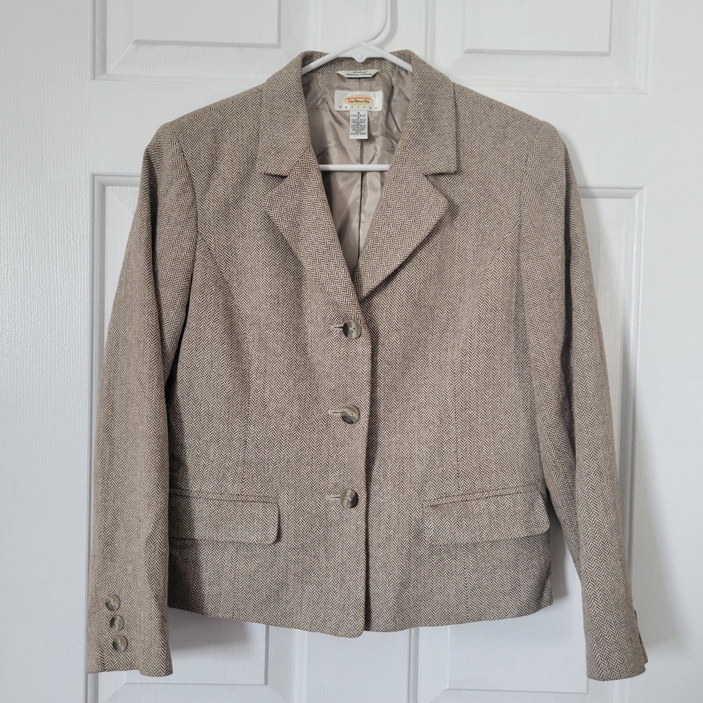 Talbots Blazer Women's Size 4 Petite Brown Silk Blend Herringbone 3 button Lined